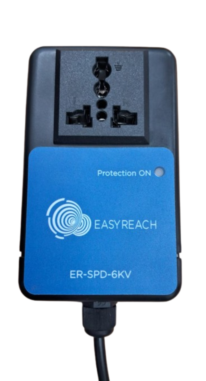 Surge Protection Device -The front side of SPD which color is dark black and blue logo sticker in the image with 3-pin plug