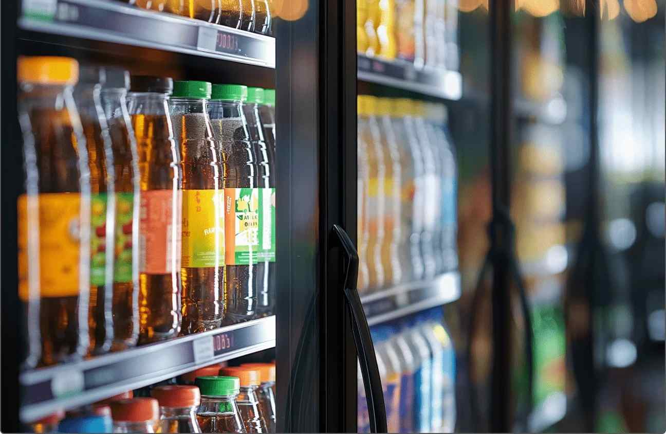 black colored huge Refrigerator is filled with bottles shown in this image