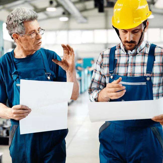 Two engineers are check paper and discuss plan related this paper
